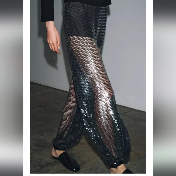 Zara Black and Silver Sequin Wide-Leg Pants - Picture 4 of 9